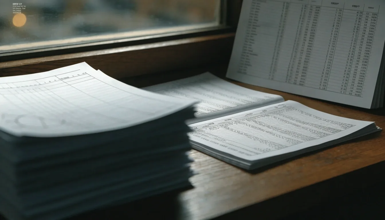 Linie rachunkowe biegnące przez stronę papieru w ciepłym świetle lampy